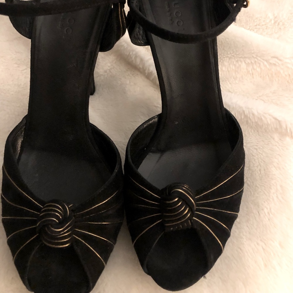 Gucci Suede Black and Gold Heels